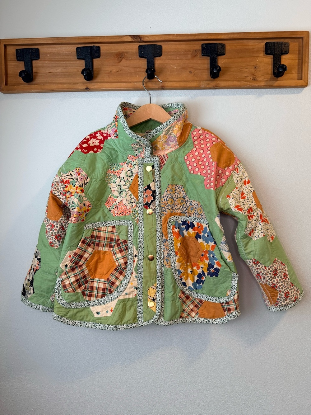 Handmade Kids Size 6 Vintage Patchwork Quilt Jacket - Grandma's Flower Garden